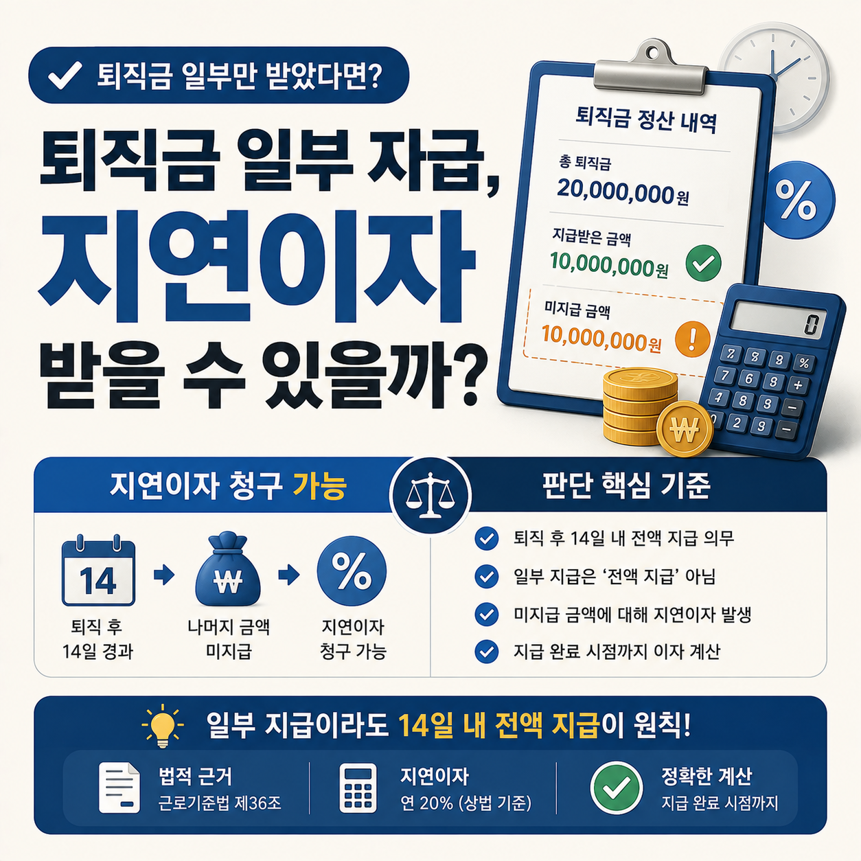 퇴직금 일부만 받은 상황에서 지연이자 여부를 확인하는 이미지