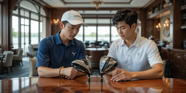 두 개의 드라이버를 테이블 위에 놓고 성능과 디자인을 비교하는 모습