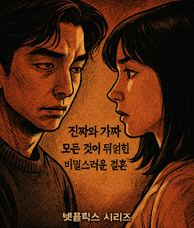 미스터리한 표정으로 남성과 여성이 서로 마주보고 있는 모습