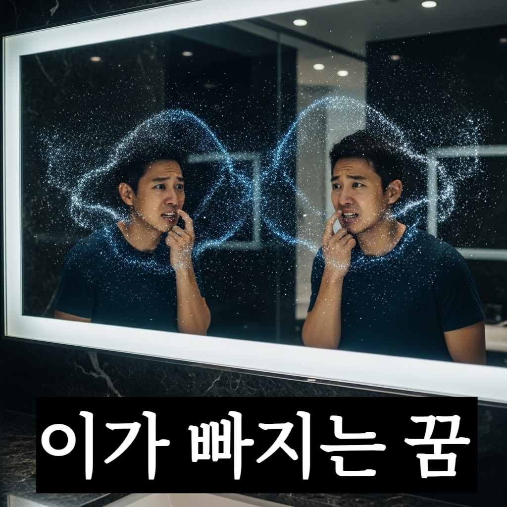 거울 속 자신의 치아를 살피며 내면의 불안을 마주하고 있는 현대적인 한국인 남성의 모습, 주변에는 신비로운 푸른 빛망울이 감돌며 치유의 분위기를 자아냄