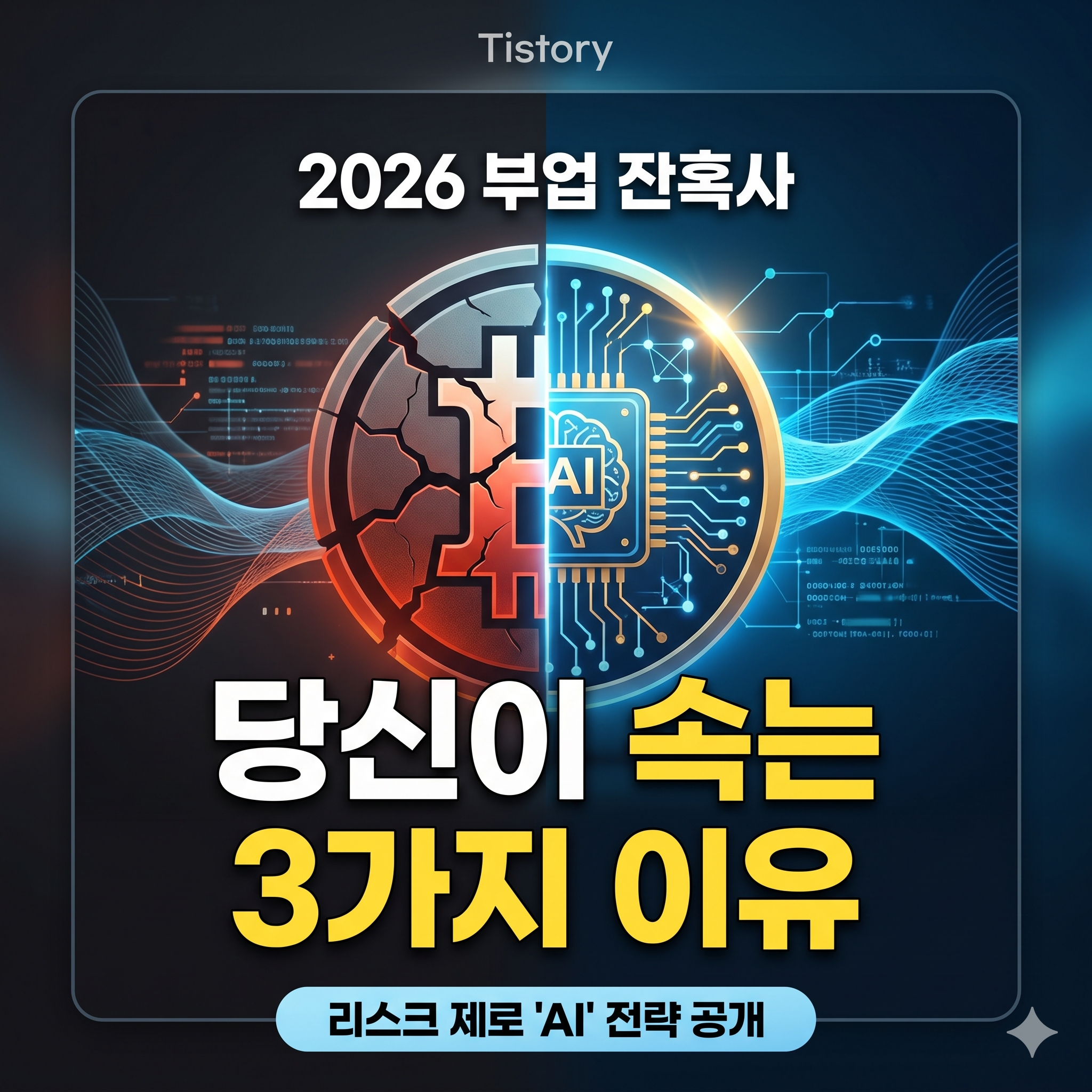 "어두운 디지털 배경 중앙에 '2026 부업 잔혹사'라는 제목과 함께, 왼쪽의 깨진 붉은색 비트코인 아이콘과 오른쪽의 빛나는 파란색 AI 칩 아이콘이 대비되어 있다. 그 아래로 '당신이 속는 3가지 이유'라는 크고 노란색의 가독성 높은 텍스트가 배치된 티스토리 블로그 썸네일 이미지."