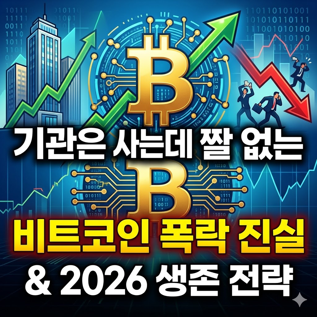 "기관은 사는데 비트코인 폭락하는 진실과 2026년 암호화폐 투자 생존 전략을 설명하는 금융 블로그용 썸네일 이미지"