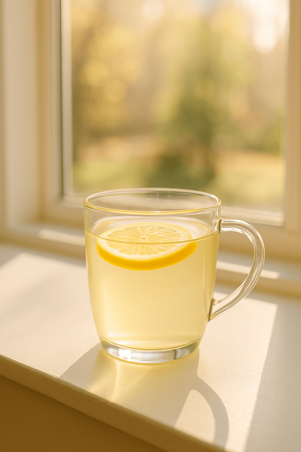 투명한 유리컵에 레몬조각이 떠 있는 따뜻한 레몬수(출처**자체제작)