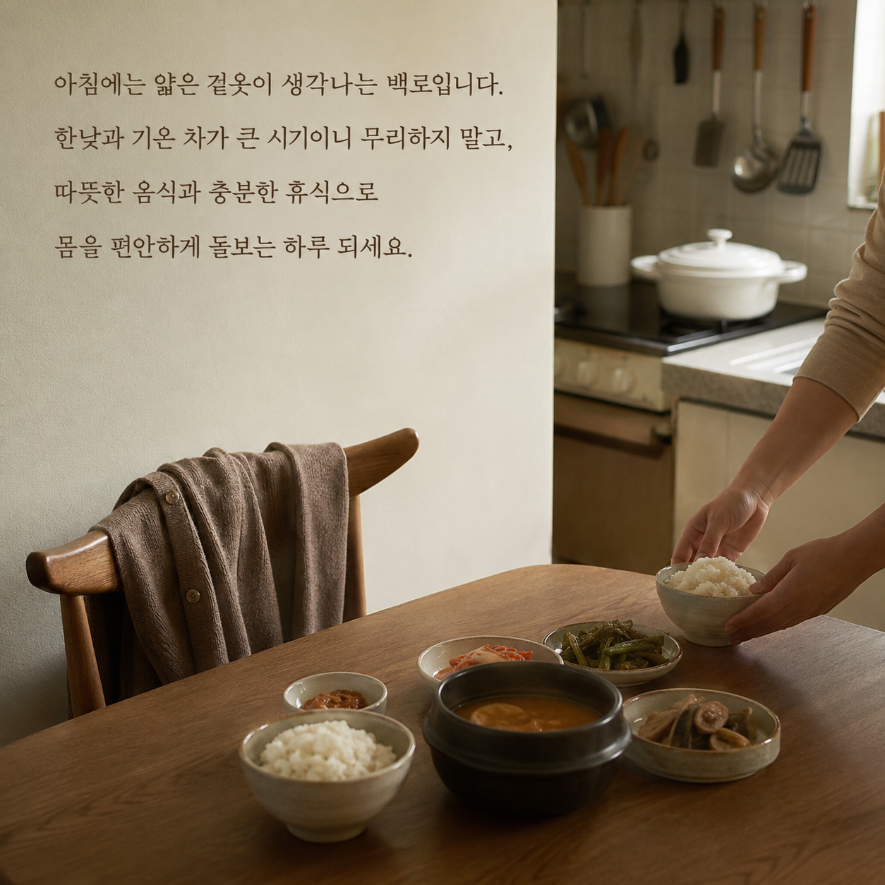 따뜻한 음식과 충분한 휴식을 권하는 백로 환절기 건강 인사 이미지