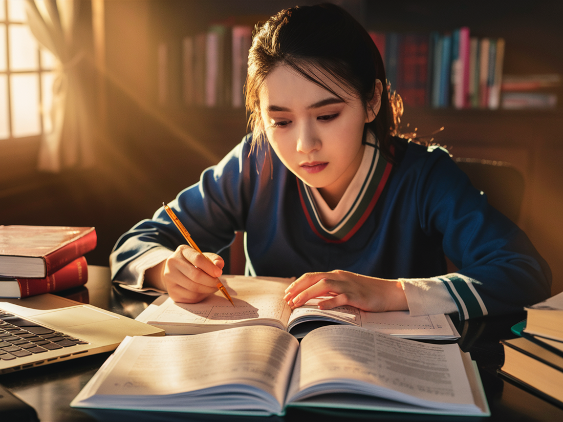 책상에서 집중하여 공부하고 있는 젊은 전문가. 열린 책과 노트북 앞에서 열정적으로 메모하며 성장하는 모습을 보여주는 장면.