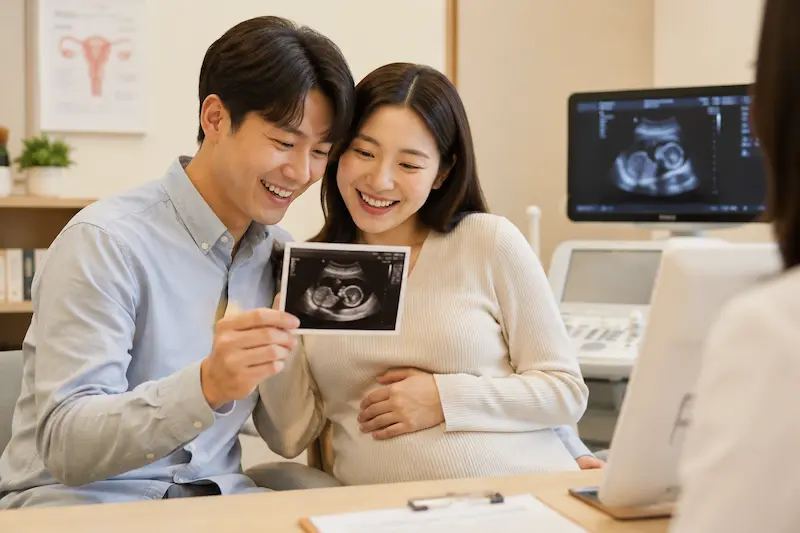산부인과 상담실 배경
태아의 초음파 사진을 보며 즐거워하는 예비 엄마 아빠의 모습을 그린 이미지