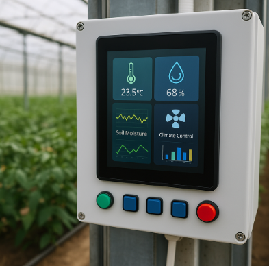 스마트팜 온실 내부에 설치된 터치스크린 제어판이 실시간 환경 데이터를 표시하는 모습