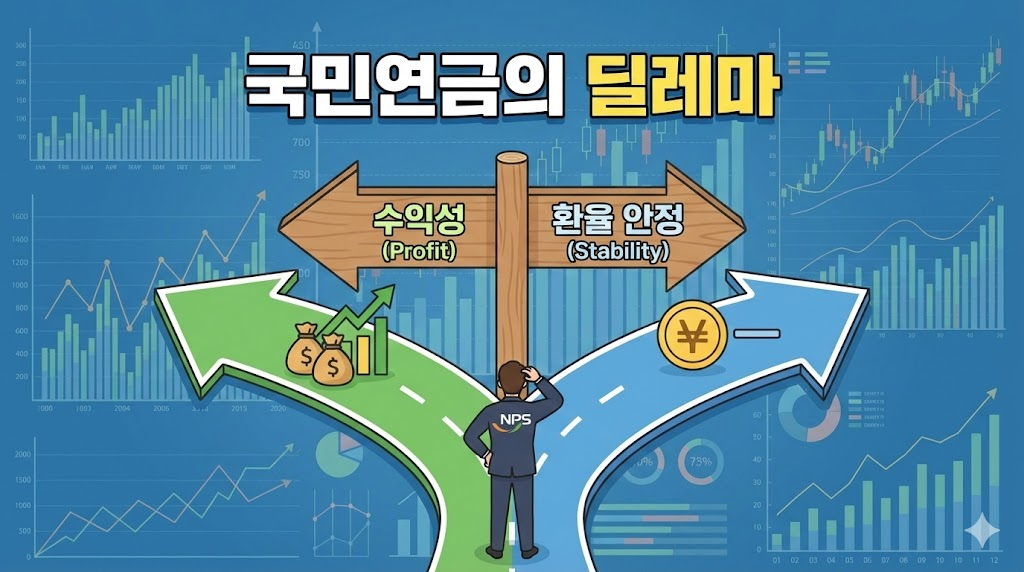 수익성과 환율 안정 사이에서 갈등하는 국민연금의 상황을 묘사한 일러스트