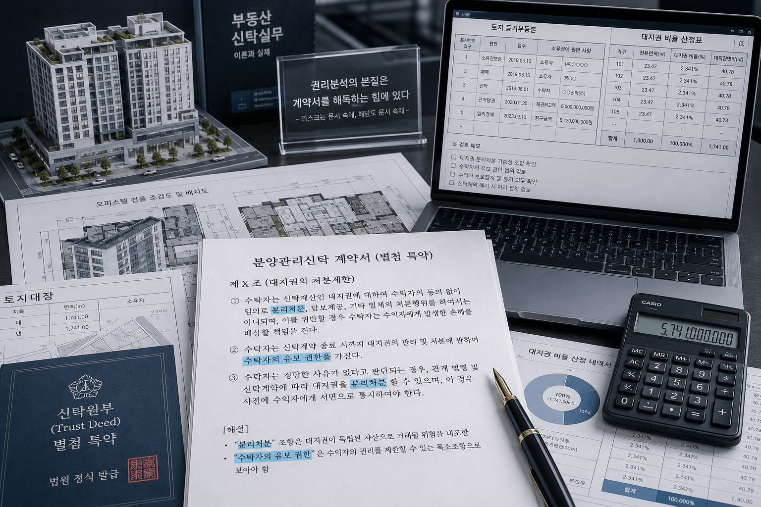 복잡하게 얽힌 오피스텔 건물의 조감도 및 토지 대장 위에, 법원에서 정식 발급받은 '신탁원부(Trust Deed) 별첨 특약' 서류들이 낱낱이 펼쳐져 있는 전문가의 분석실 이미지