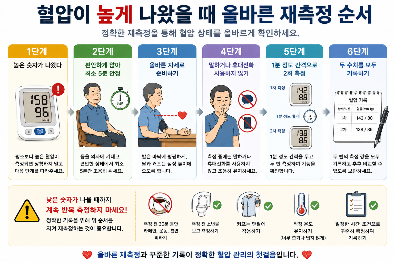 휴식과 올바른 자세로 혈압을 다시 측정하는 순서를 정리한 그림