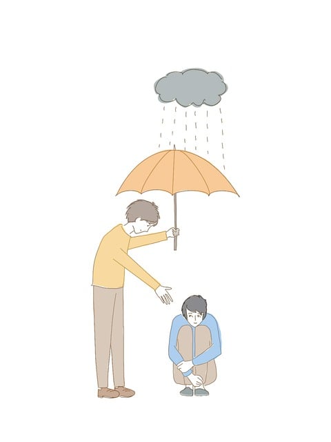 우울해 하고 있는 사람에게 우산을 씌워주고 있는 사람 모습