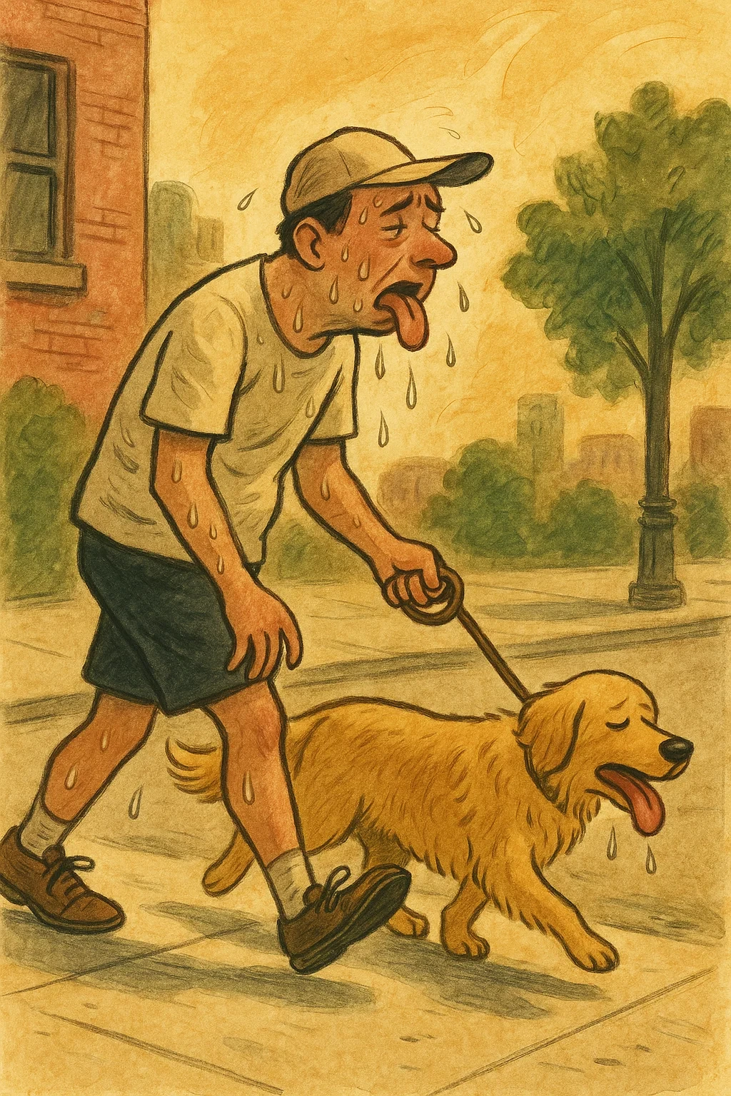 더위에 지쳐 보이는 남성과 리트리버