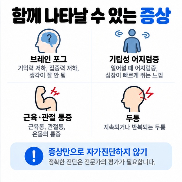 만성 피로 증후군에서 나타날 수 있는 브레인 포그와 기립성 어지럼증을 설명한 카드뉴스
