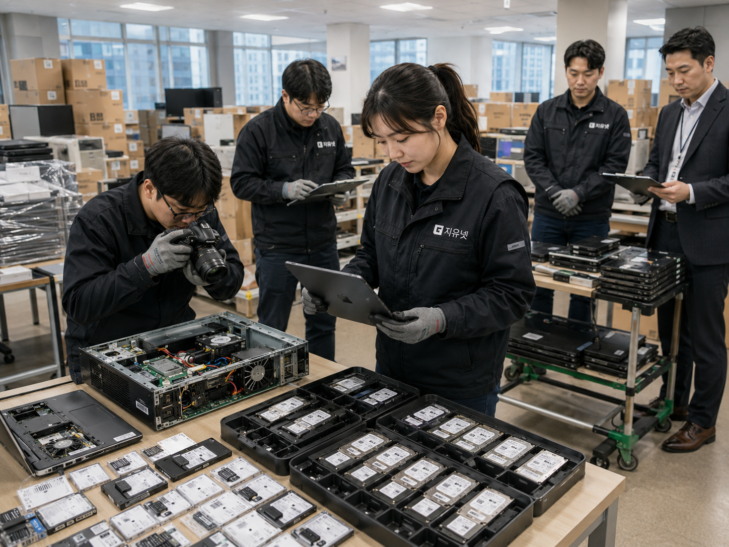 반출 없이 현장에서 PC와 노트북 저장장치를 분리하고 사진 기록과 수량 대조를 진행하는 장면
