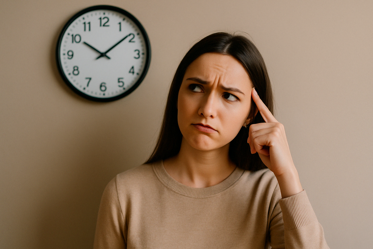 시간을 고민하거나 헷갈려하는 모습을 통해&amp;#44; 영어로 시간을 물어보는 상황을 쉽게 떠올릴 수 있도록 돕는 이미지입니다.