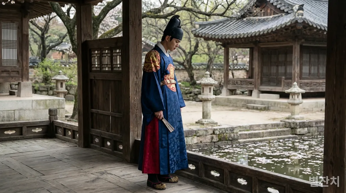 조선 시대 궁궐 안에서 고독하게 서 있는 어린 왕 단종의 모습.