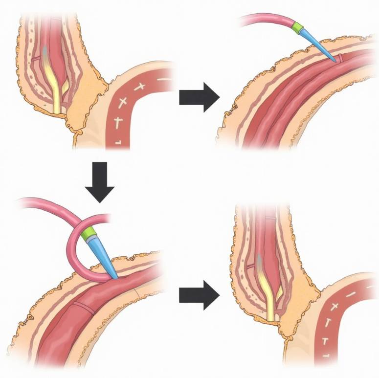 관상동맥 중재술 과정을 보여주는 단계별 일러스트레이션. 카테터 삽입부터 스텐트 설치까지의 과정이 시각화되어 있습니다.