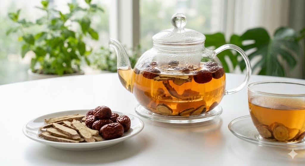 찻잔에 담겨 있고 평온하고 아늑한 느낌을 주는 사진	부신 피로를 개선하고 신경을 안정시켜 만성 피로 회복과 불면증 완화를 돕는 보약 같은 감초 대추차