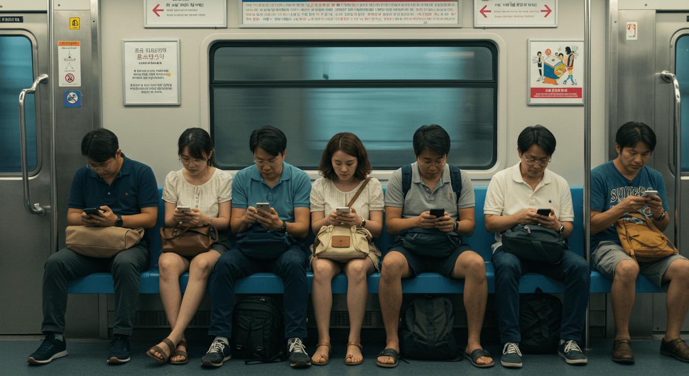 한국 지하철 좌석에 앉아 스마트폰을 보는 사람들 모습