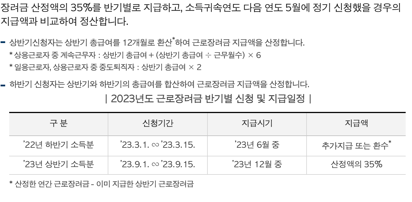 근로장려금 지급 및 정산일정