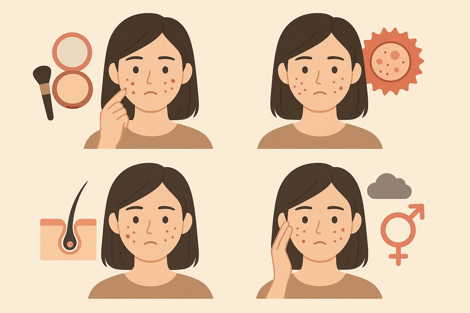 화장품 알레르기, 접촉성 피부염, 모낭염, 스트레스·호르몬 변화 등 다양한 원인으로 생긴 뾰루지