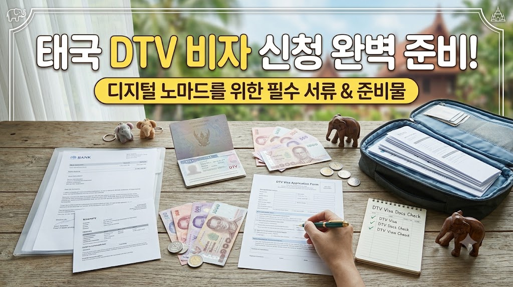 태국 DTV 비자 신청 서류와 노트북이 놓인 책상