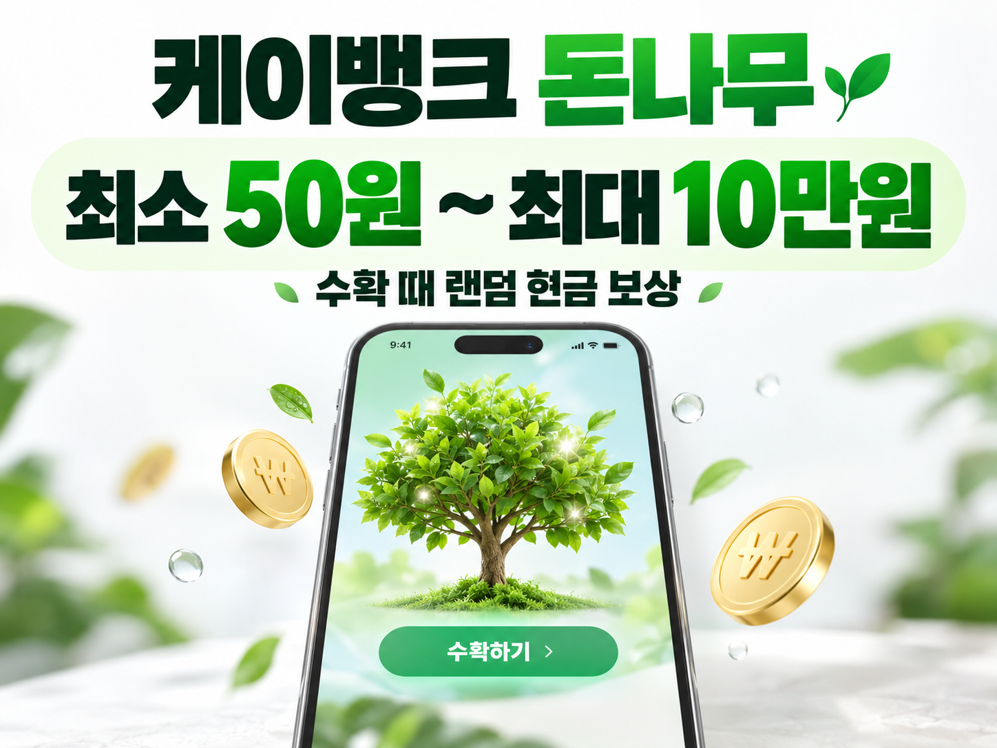 스마트폰 화면의 돈나무와 최소 50원 최대 10만원 랜덤 현금 보상을 표현한 이미지