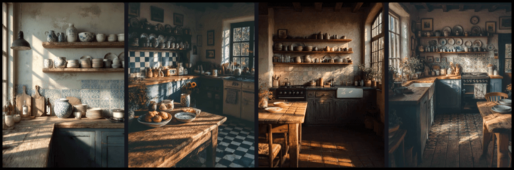 감성 키워드 조합, rustic과 nostalgic 톤이 조화된 빈티지풍 주방 이미지_Midjourney