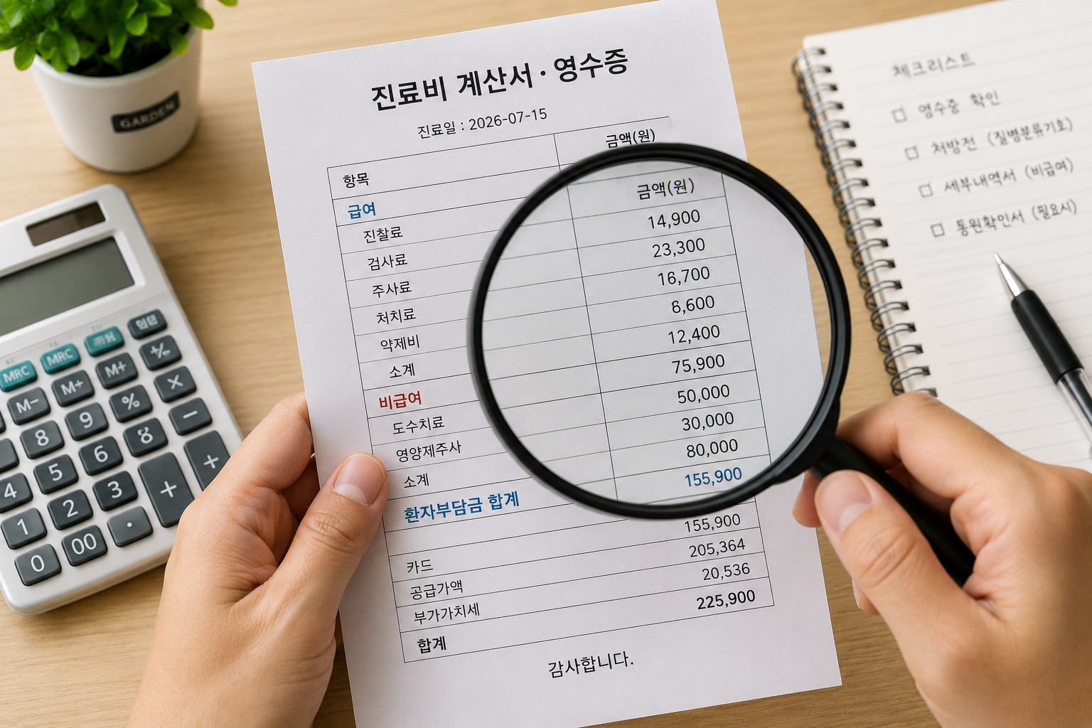 영수증의 급여&middot;비급여 항목을 확대경으로 확인하는 장면
