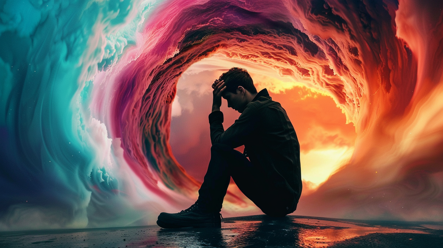 A silhouette of a person overwhelmed by anxious thoughts