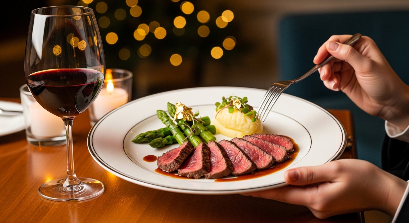 고급스러운 요리와 와인이 놓인 식탁에서 혼자만의 만찬을 즐기는 모습.