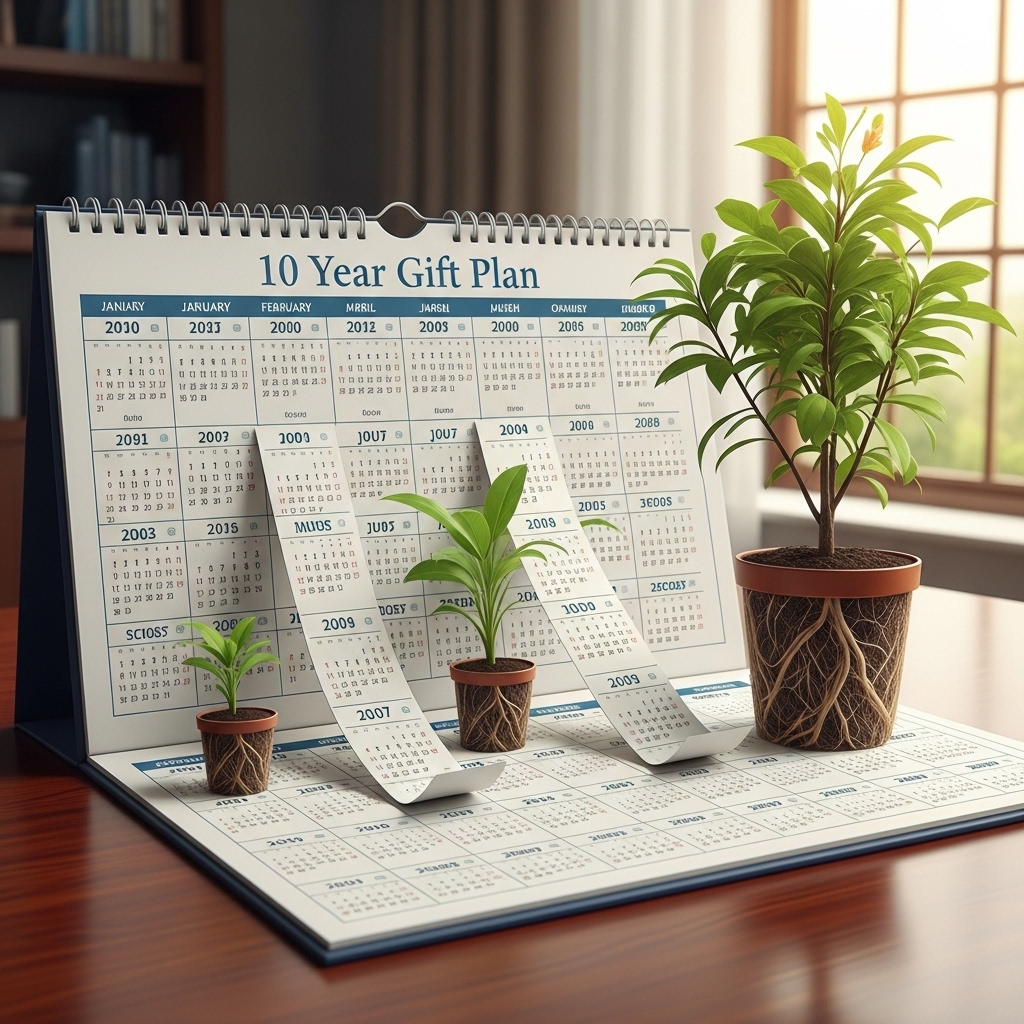 10년 주기 증여 계획을 나타내는 캘린더와 성장하는 식물 이미지. 장기적인 자산 증여 전략을 상징합니다.