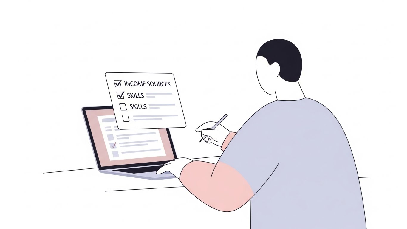 디지털 노마드로 온라인 강의를 듣는 장면, 기술 학습은 필수 과정입니다.