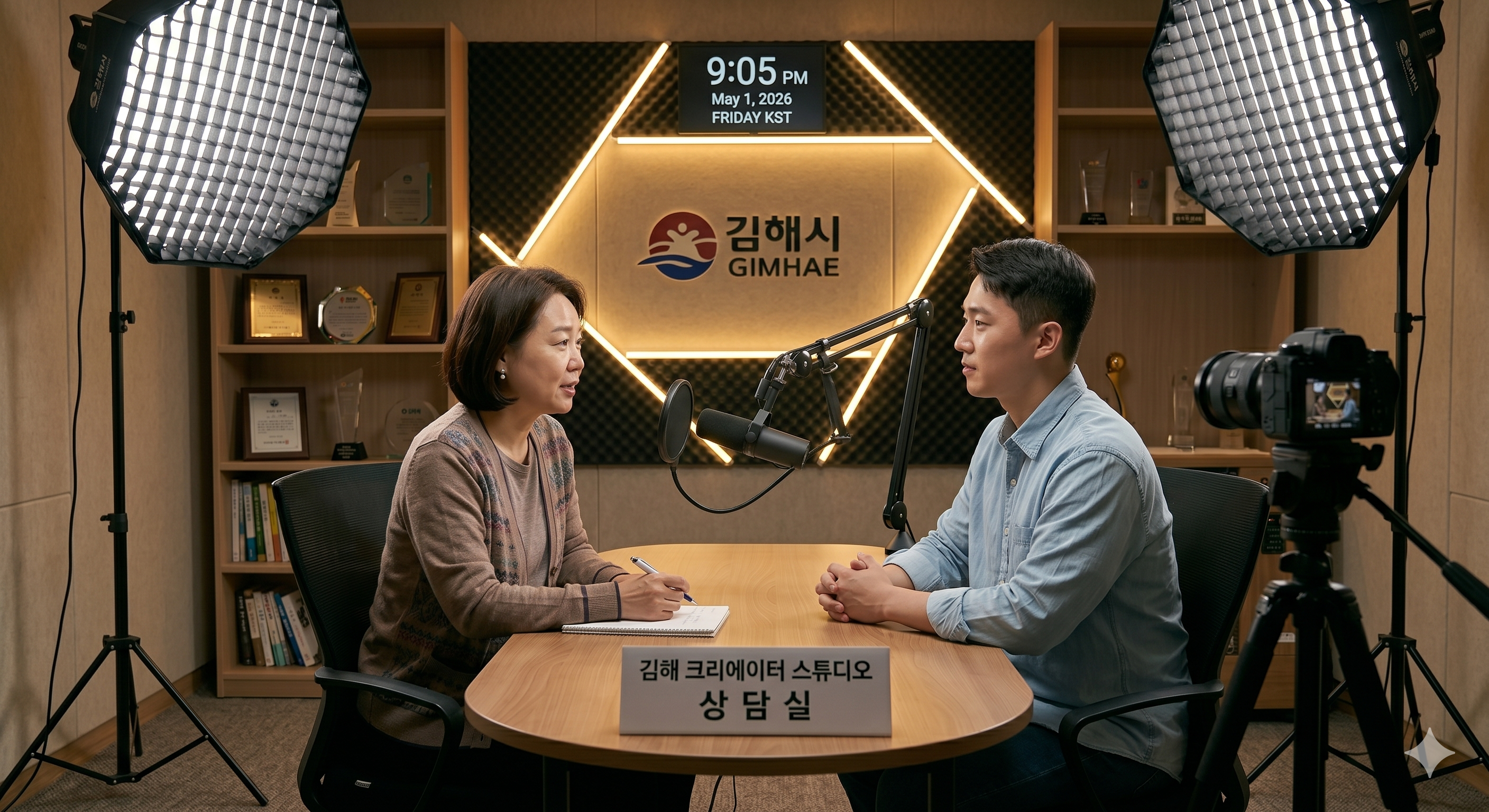 조명과 마이크가 갖춰진 한국의 크리에이터 스튜디오에서 상담 중인 한국인 남녀