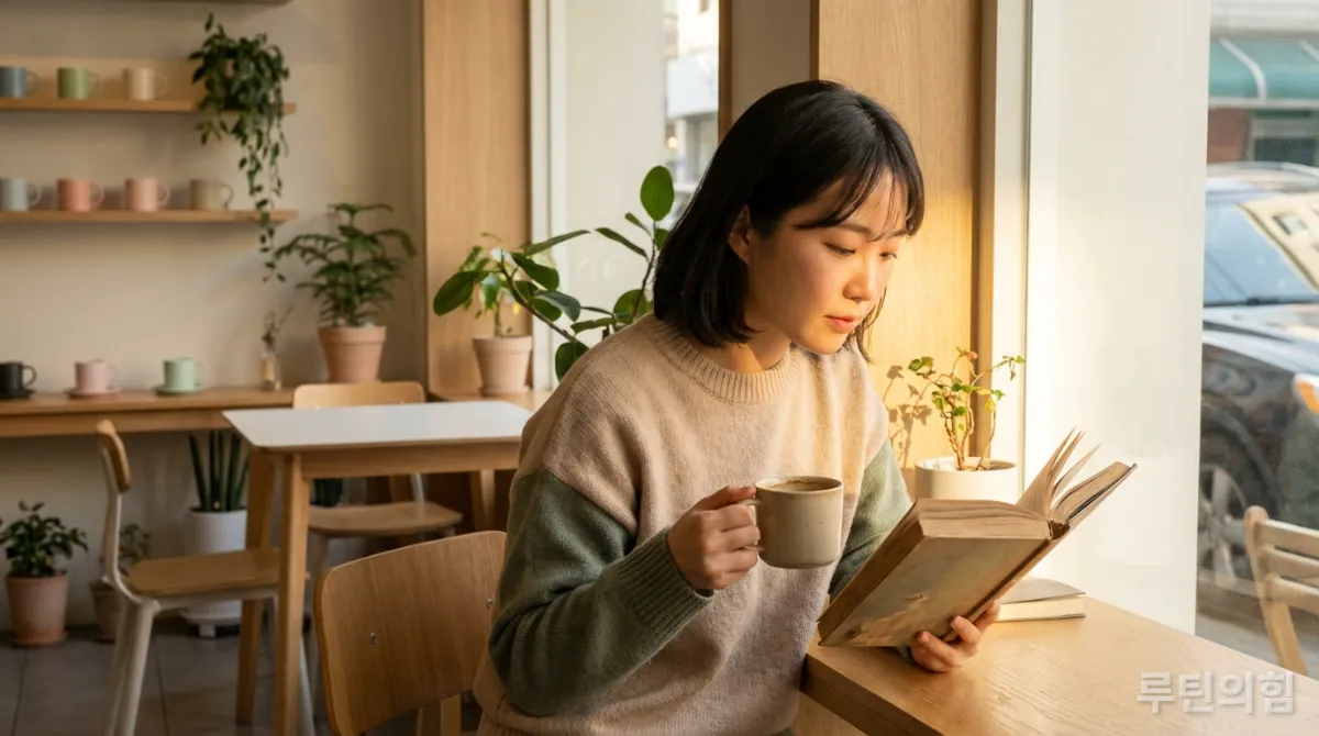 한국 여성이 이른 아침 카페에서 책을 읽으며 자기계발에 집중하는 모습