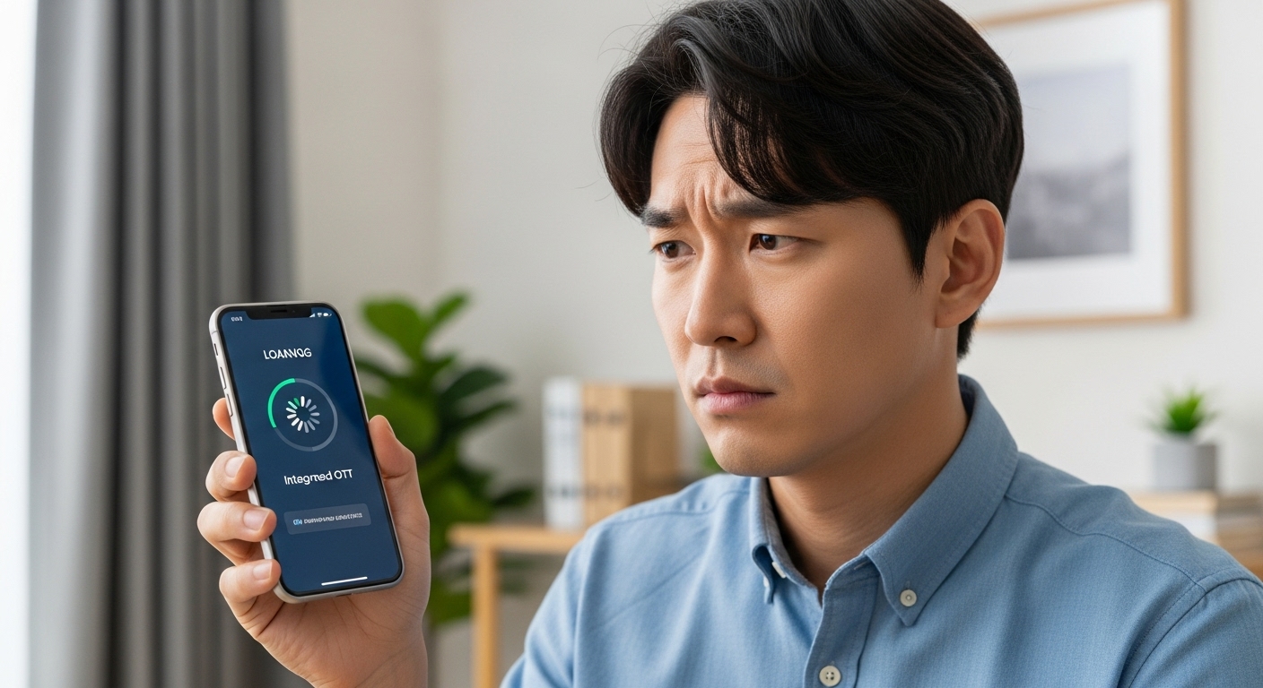 0대 한국인 사용자가 통합 OTT 앱의 로딩 화면이나 오류 메시지를 보며 약간 불만족스러운 표정을 짓고 있는 모습.