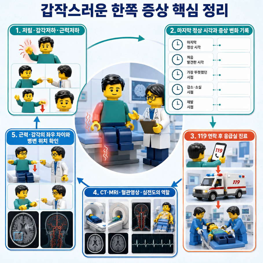 갑작스러운 한쪽 증상의 범위·발생 시각·119 연락·진찰·검사 역할 핵심 정리