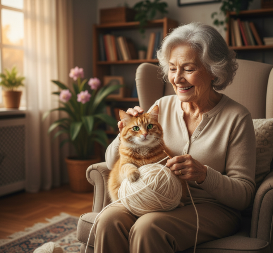 쇼파에서 뜨게질하는 할머니모습