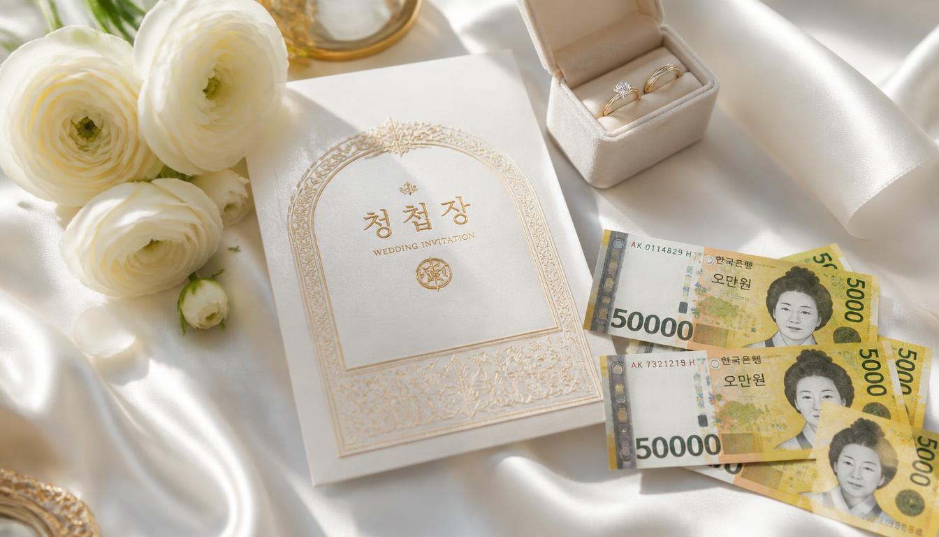 화사한 화이트 실크 테이블 러너 위에 금박 영문 인쇄가 들어간 고급 청첩장과 웨딩 링 케이스, 대한민국 노란색 5만 원권 신권 지폐 다발, 은은한 화이트 플라워가 정갈하게 놓여 있는 프리미엄 웨딩 금융 정물 컷.