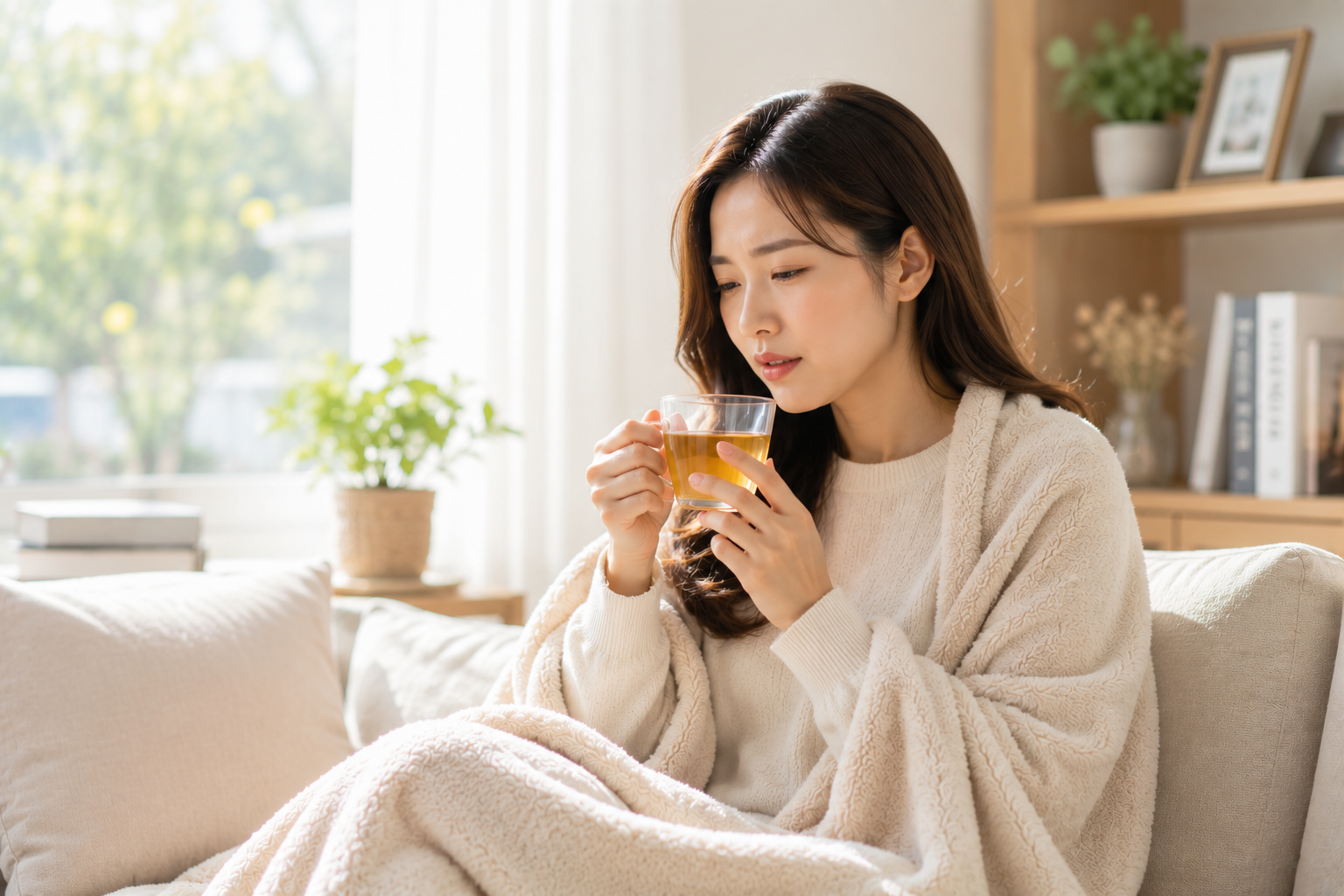 감기 증상으로 목이 칼칼한 사람이 따뜻한 차를 마시는 모습