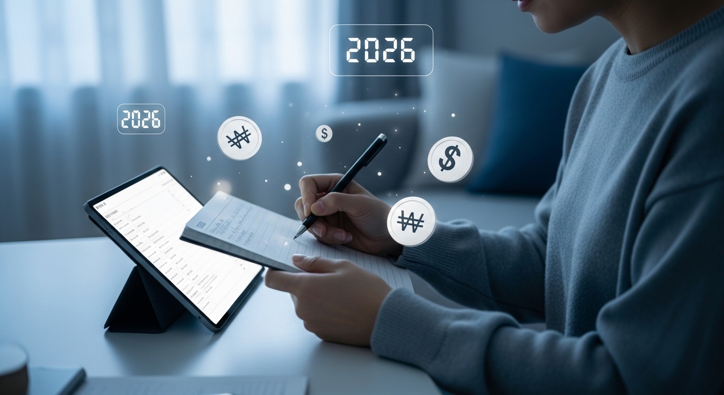 2026년 경제 위기에 대비하여 가계부를 꼼꼼히 작성하며 재정을 관리하는 사람의 모습. 희망적이고 미래지향적인 분위기.