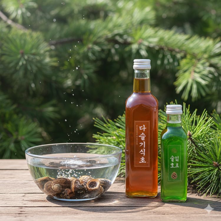 맑은 물 속에 다슬기들이 보이고, 그 옆에는 투명한 유리병에 담긴 갈색빛 다슬기식초와 초록빛 솔잎효소가 놓여있다. 배경에는 푸른 소나무 가지와 신선한 솔잎이 보이며, 전체적으로 자연스럽고 건강한 느낌의 청정한 이미지