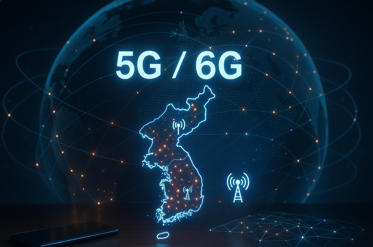 국내외 5G·6G 이동통신 인프라의 확장과 글로벌 네트워크 연결 장면
