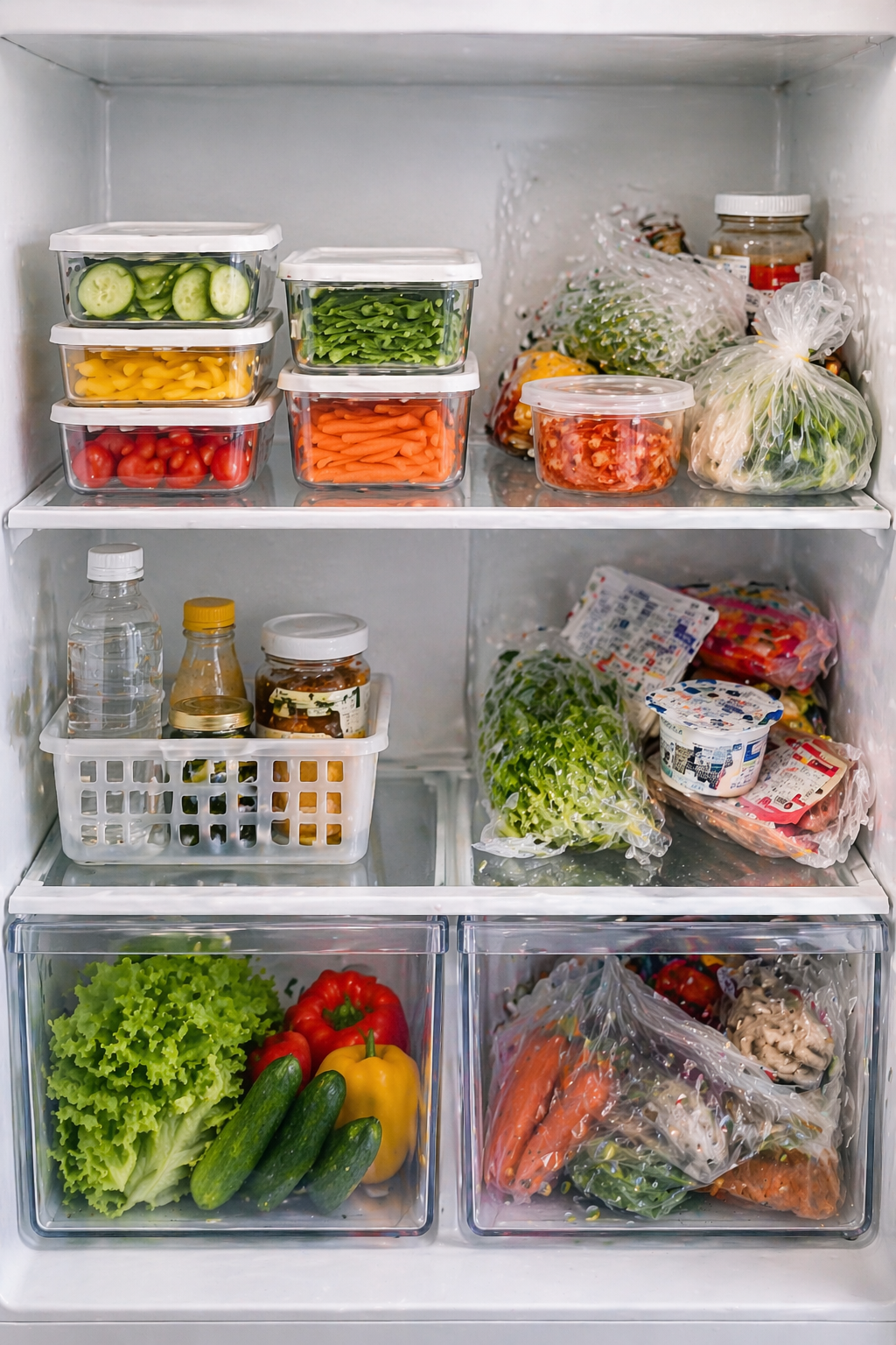 절반만 정리된 냉장고 내부, 한쪽은 정돈되어 있고 다른 쪽은 여전히 뒤섞여 있는 상태