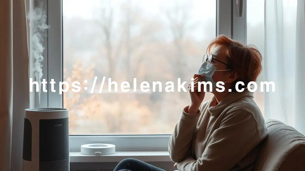 창밖으로 건조하고 차가운 가을 바람이 불어오고, 눈에 보이지 않는 꽃가루나 미세먼지 입자가 은은하게 흩날리는 듯한 배경. 창가에 앉은 여성이 조용히 마스크를 착용한 채 휴식을 취하고 있는 모습.