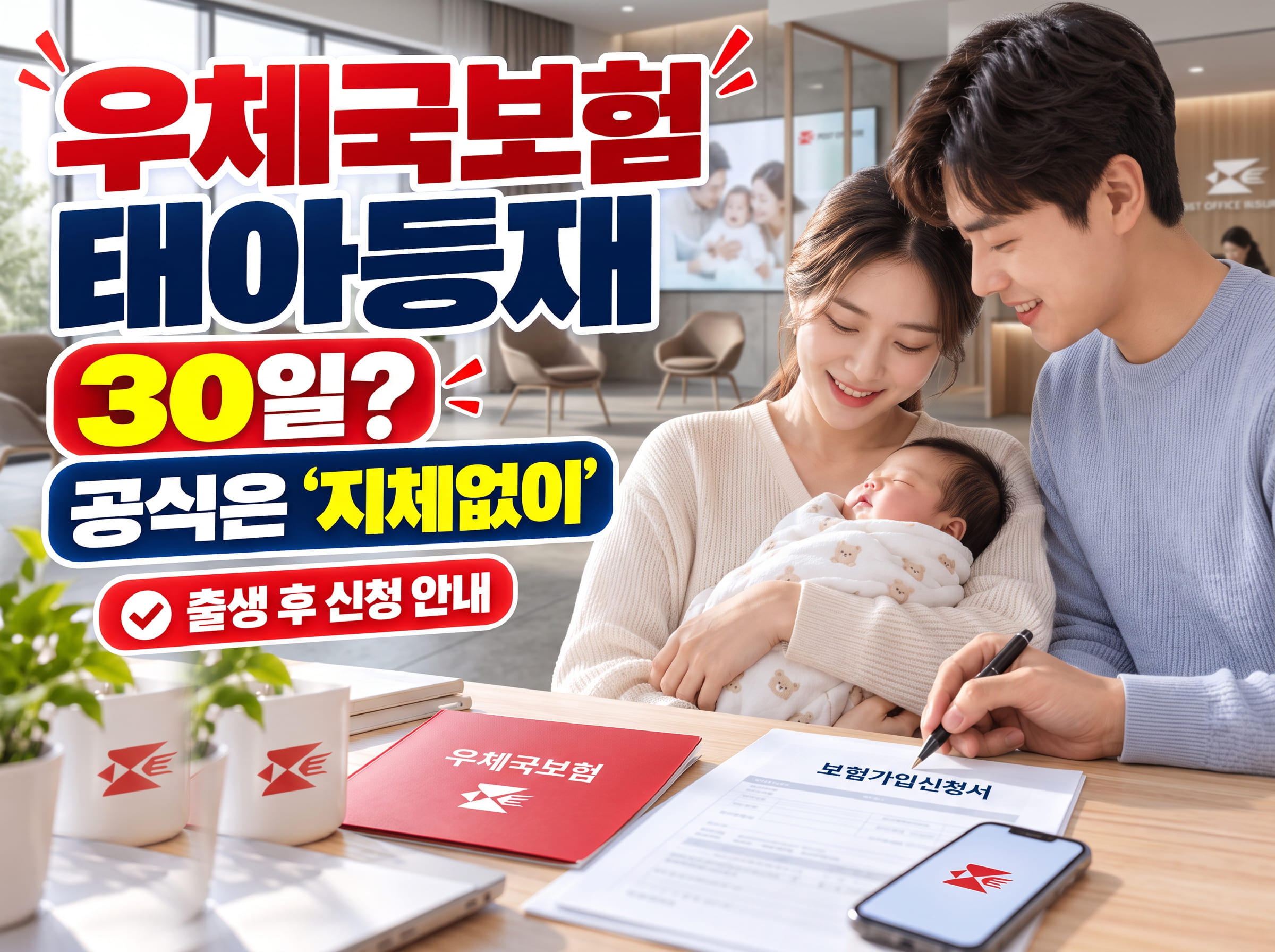 출생한 자녀의 서류와 스마트폰을 보며 우체국보험 태아등재 절차를 확인하는 모습