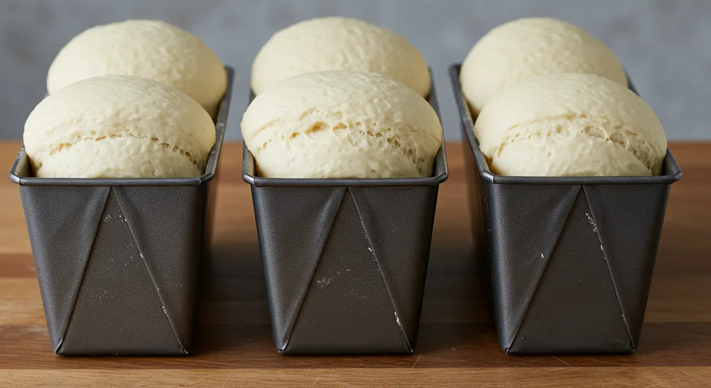 2차 발효가 완료되어 식빵 팬 위로 1cm 못 미치게 부풀어 오른 반죽