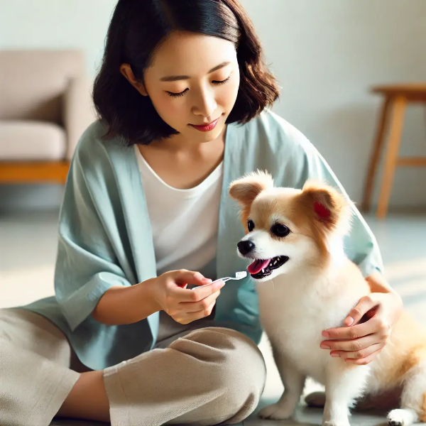 작은 반려견의 입을 살펴보며 걱정하는 젊은 동양 여성