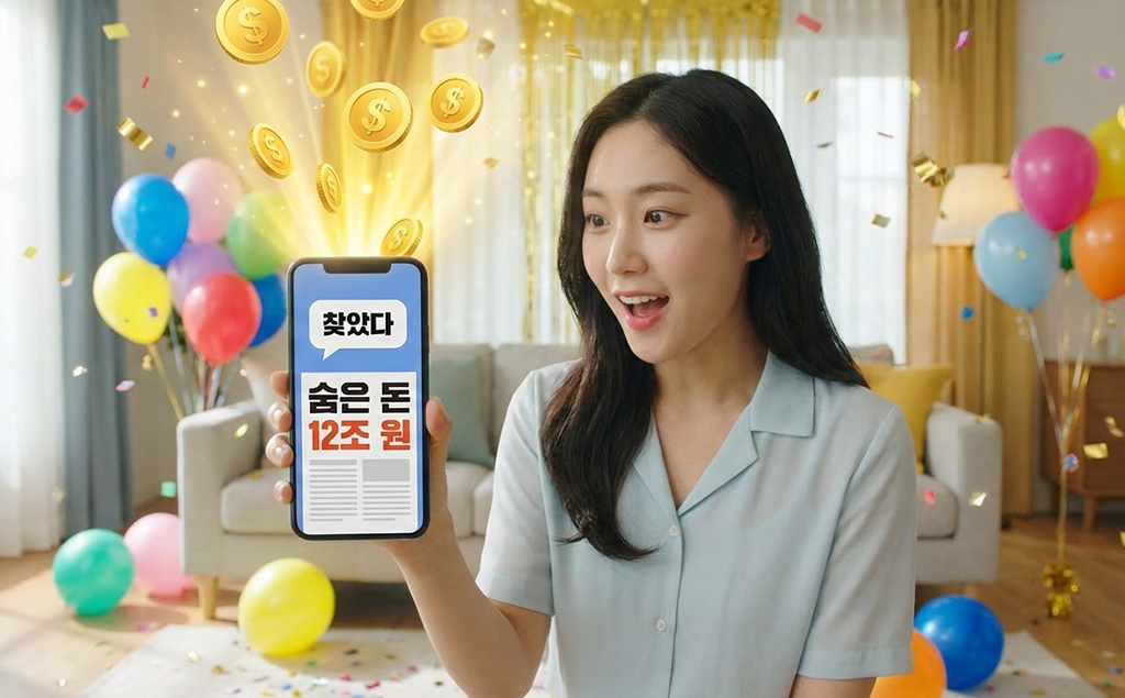 20대 여성이 스마트폰화면으로 숨은돈12조원 찾아 기뻐하는 이미지