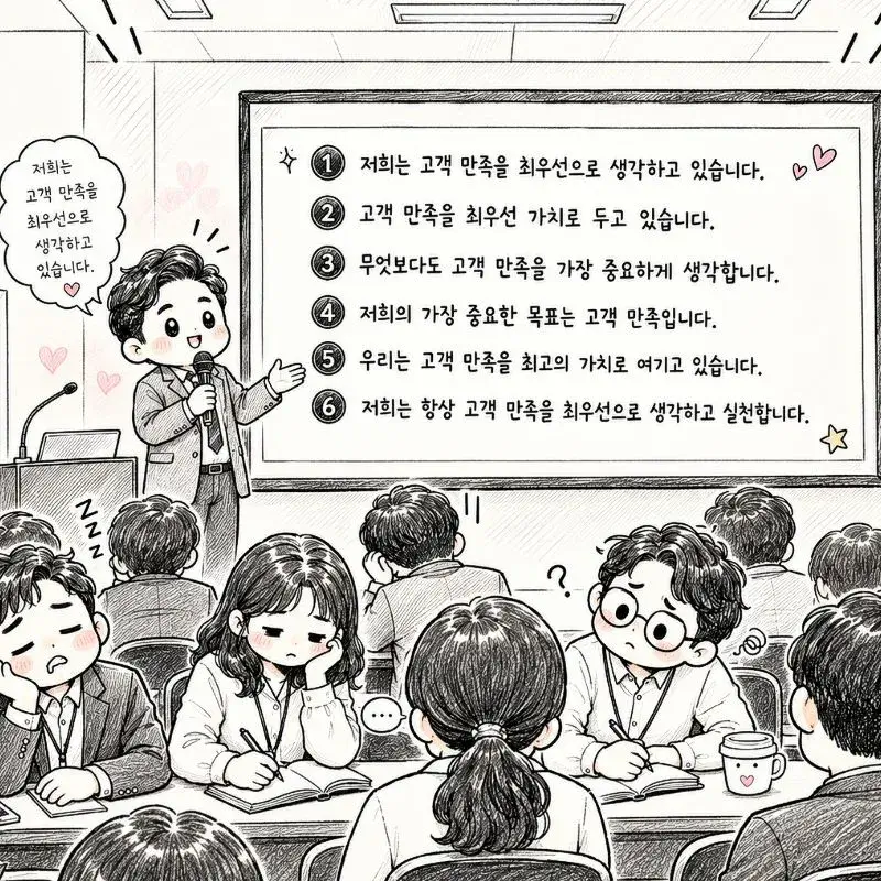 중언부언의 의미를 표현한 일러스트로, 발표자가 고객 만족에 대한 비슷한 내용을 반복해서 설명하고 참석자들이 지루하거나 혼란스러워하는 모습을 나타낸 이미지